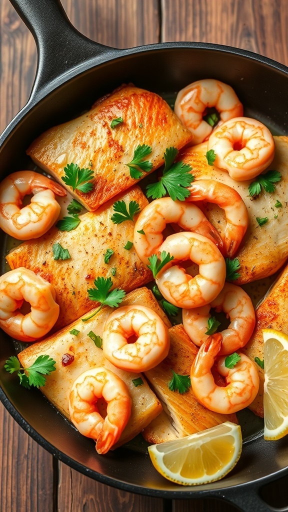 A skillet with tilapia and shrimp garnished with parsley and lemon on a rustic table.
